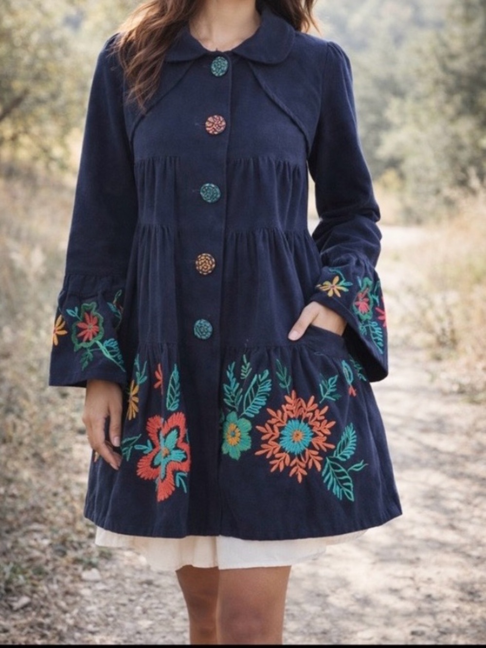 Judith March Floral Embroidered Navy Coat. Tiered | Velour | Boho | Women’s Sz-S